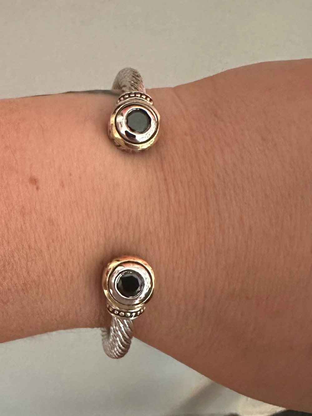 John Medeiros Silver-Tone Cable Bracelet with Black Stone Accents